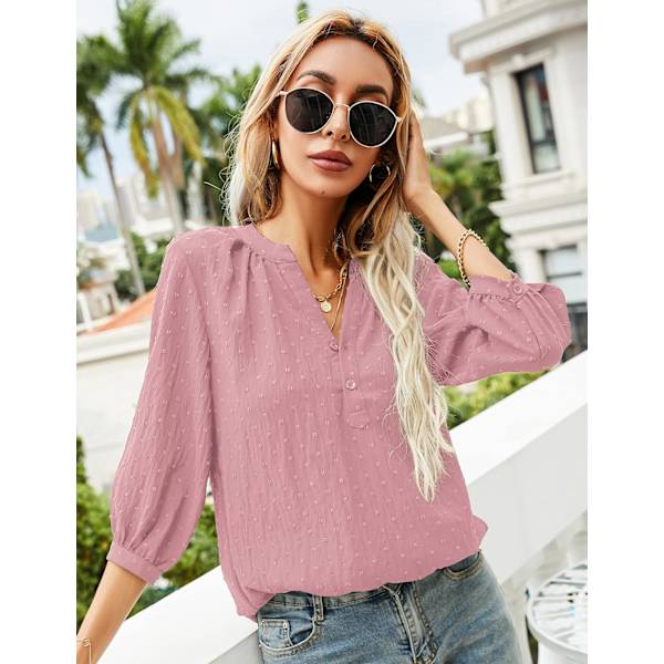 Kvinners Casual 3/4 Ermet Henley V-hals Knappet Opp Plissert Bak Bluser Sveitsisk
