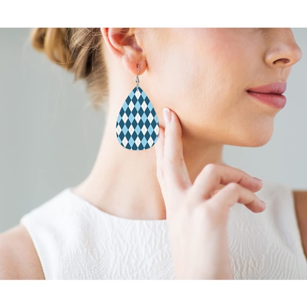 Diamant Fashion Lær Tåre Øredobber Blå Hvit Diamant Geometriske Striper