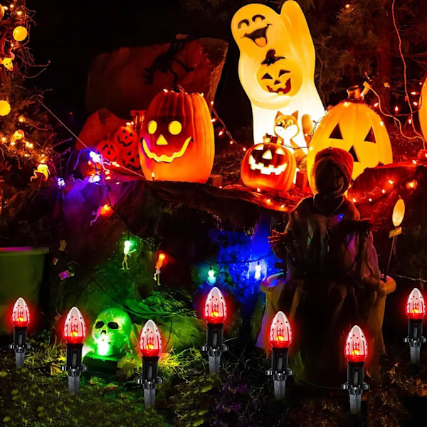C9 Halloween Pathway Lights Outdoor, 38Ft Halloween Blood Teardrop Pathway String Lights med 25 C9 Flicker Flame Lights, Halloween Dekorasjon