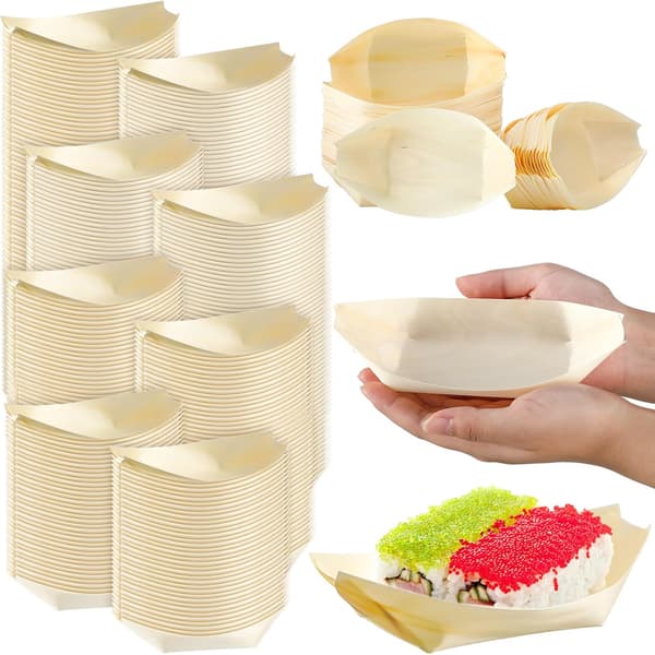 1000 st Engångs Trä Båt Tallrikar Fat 4 Tum Bambu Tallrikar Sushi Båt Engångs Bambu Löv Fat Serveringsbricka Matbehållare Träskål För