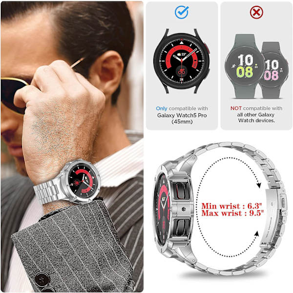 Rustfrit stålkasse og remme kompatibel med Galaxy Watch 5 Pro remme 45mm (2022), justerbar solid metalbeskytter robust cover rem til ur
