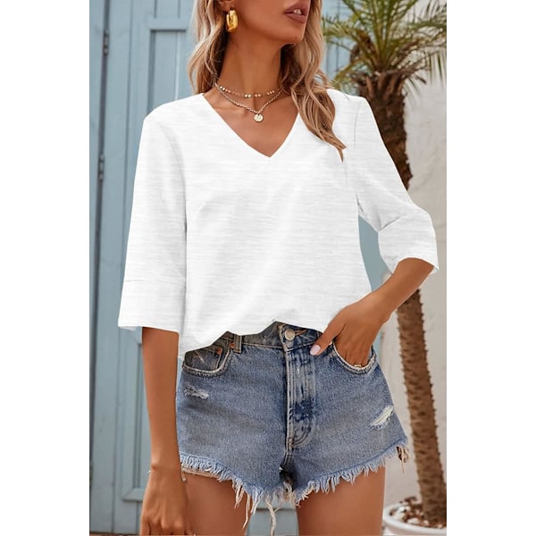 Kvinners Fashion Halv Ermet V-hals T-skjorte Solid Løs Basic topp