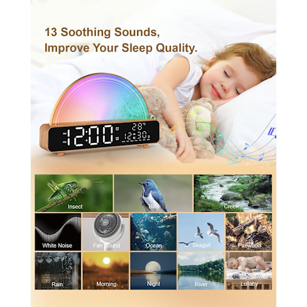 Soluppgångslarm Klocka Vakna Ljus medSoluppgångssimulering Vit Brusmaskin Touch Control Sängbordslampor Färger Atmosfärlampa Sömtimer för