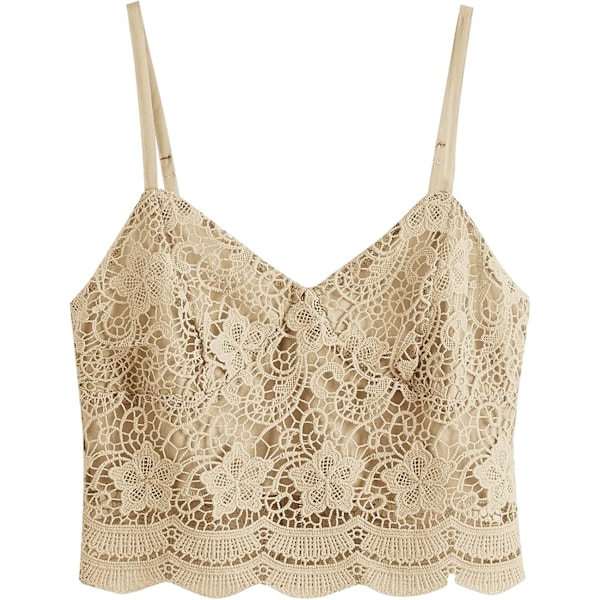 Kvinders Casual Lace Hæklet Spaghetti Stropper Lynlås Cami Crop Top Camisole Lille