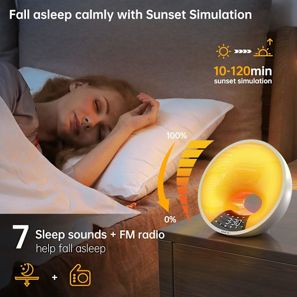Solopgangs vækkeur - Vækkeur med lys - APP/Stemmestyring - Smart solopgangssimulering - Søvnhjælp - Bluetooth-højttaler - Snooze - 4 alarmer - FM-radio - 7 naturlige