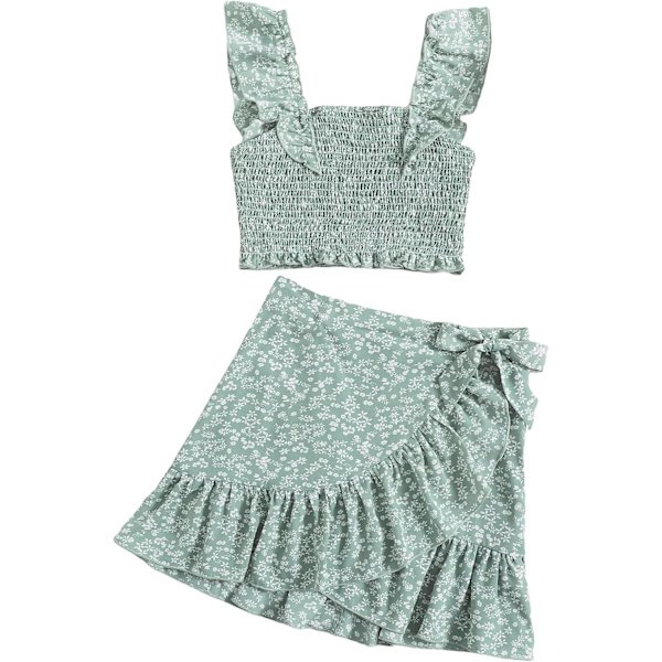 Pigens 2-delt outfit med blomstermønster, ærmeløs crop tanktop