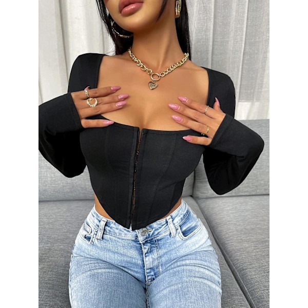 Kvinners langærmet Crop Top Tee Square Neck Basic T-shirt