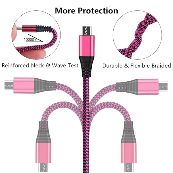 Micro USB-kabel 10FT, 2-pack lång nylonflätad Android USB-laddare