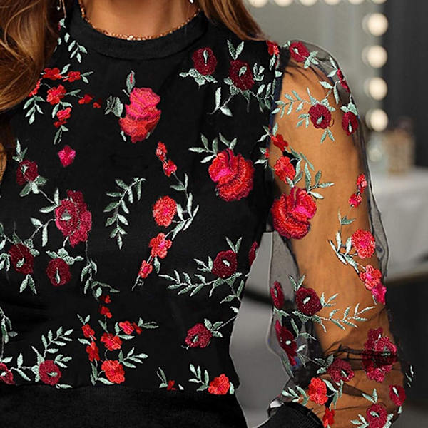 Trendig dam blus med lång ärm i blommigt broderi med genomskinligt mesh-inlägg
