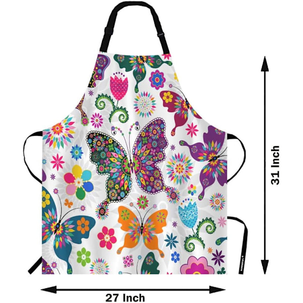 Fjärilsförkläde, vitt blommönster med färgglada fjärilar och