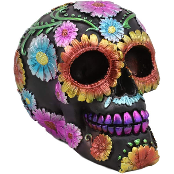Ebros Black Day of The Dead Floral Blooms Sugar Skull Figurine DOD Skulls Statue 6\" Lang Som Ossuary Macabre Decor Samleobjekt (Spring Spring
