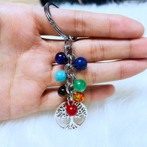 7 Chakra Krystal Ædelsten Nøglering - Naturlig Helbredende Nøglekæde