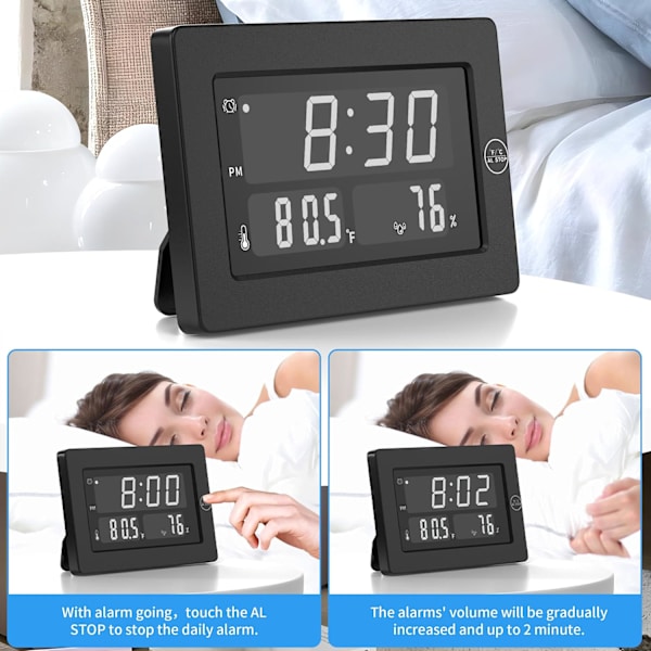 Alarmklokke, skrivebord med temperatur, fuktighet, veggklokke, batteridrevet, automatisk dimming, 12/24 timer, for skrivebord, veggmontert, klokke for dyp svart