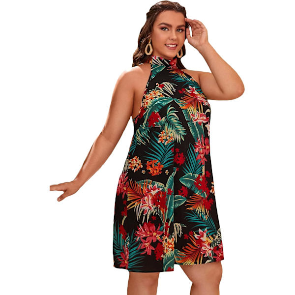 Kvinnors Plus Size Tropisk Blommig Tryck Ärmlös Knytband Halterneck Klänning