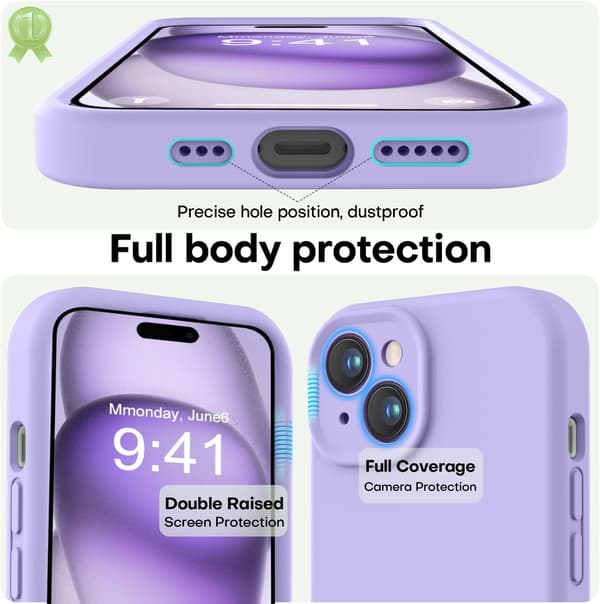 Slätt silikonskal till iPhone 15 med fullständigt kameraskydd
