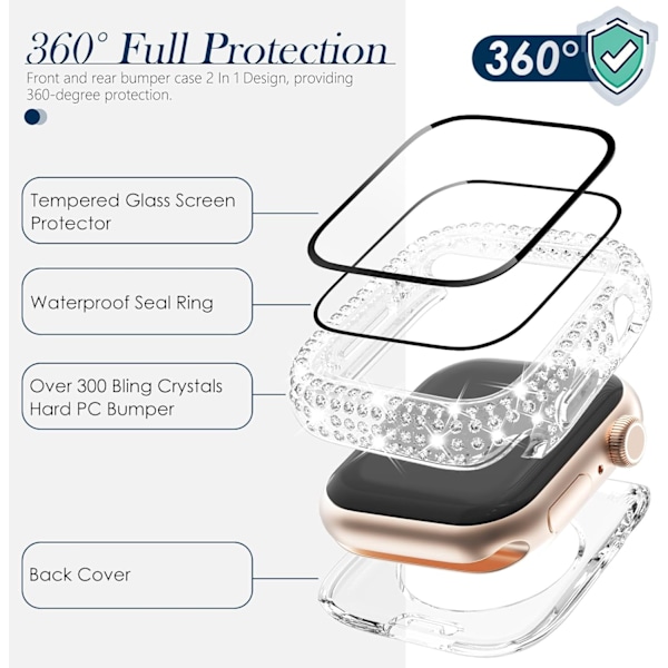2 i 1 Vattentätt Bling Skal för Apple Watch Series 10 Skärmskydd 46mm, Kvinnor Glitter Diamant Framsida & Baksida 360° Heltäckande Hård PC Pro