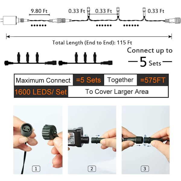 Halloween ljusslingor utomhus inomhus, 8 belysningslägen 320LED 35M/115Ft Twinkle Lights Dekoration Plug-in Vattentäta lampor Fe-ljus för