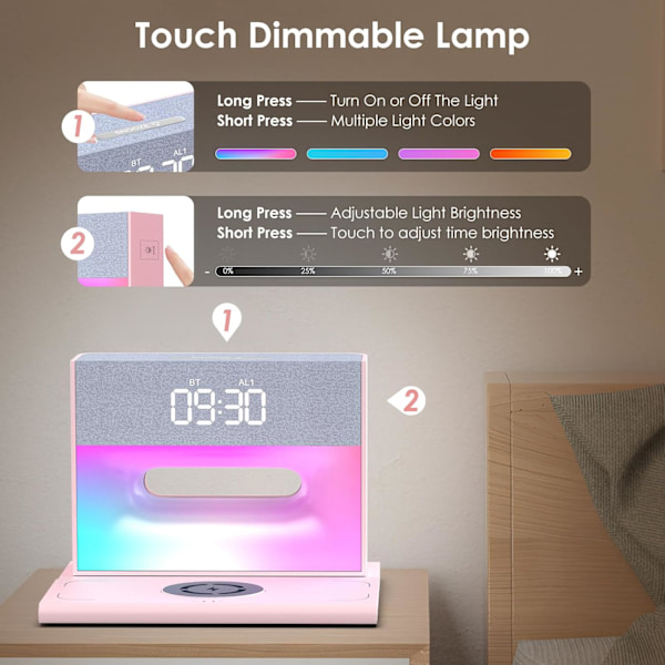 Til soveværelser, vækkeur Bluetooth-højttaler, vækkeur med trådløs opladning, 4 i 1 touch-senglampe, Bluetooth-vækkeur til tunge pink