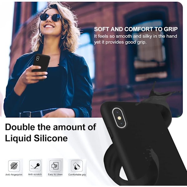 Kompatibel med iPhone Xs Max Deksel, Myk Flytende Silikon Full Kropp med Mikrofiberfôr, Svart Svart