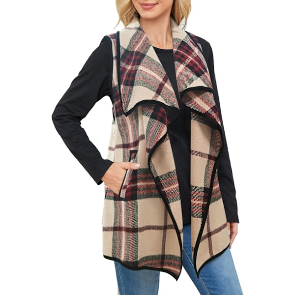 Dame Vest Lapel Åben Front Buffalo Plaid Ærmeløs Cardigan Jakke Frakke med
