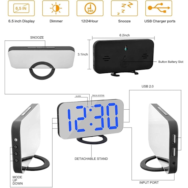 Digital väckarklocka, spegelyta LED elektronisk, med USB-laddare, snooze-modell, automatisk/anpassad ljusstyrka, för kontorsbord sovrum svart-blå