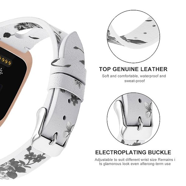 För Fitbit Versa 2 Läder Mellanöppning Klockarmband IDZ White Ash Flower