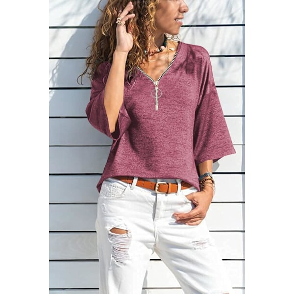 Kvinde Drop Skulder 3/4 Ærme T-Shirt Sommer V-hals Top Vintage Bomuld Basic