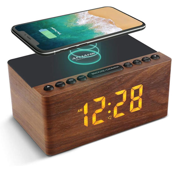 Digital LED-väckarklocka FM-radio, snabb trådlös laddningsstation för iPhone/Samsung Galaxy, 5-nivås dimmer, USB-laddningsport, 2 ljud, sömn