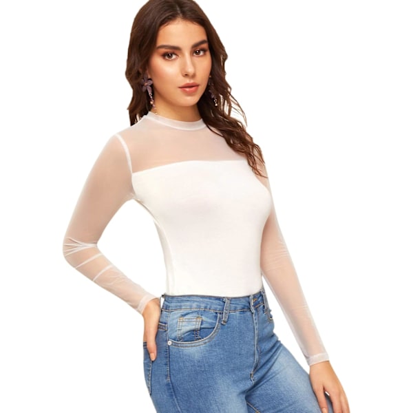 Kvinnors Mock Neck Långärmad Mesh Infoga Elegant Blus Toppar