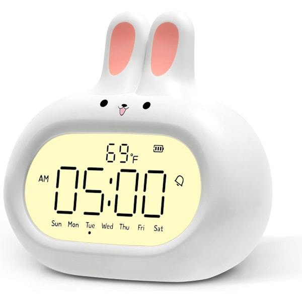 Rabbit Digital Alarm Clock with Day of Week Display, Cute  Bunny Look, Easy Seing, Snooze, Night Light, Thermometer, Rechargeable, Kawaii White