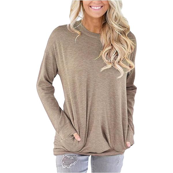 Dam tröjor höst pullover skjortor casual lös passform tunika topp bekväm söt sweatshirts långärmad crewneck t-shirts m5 khaki Medium