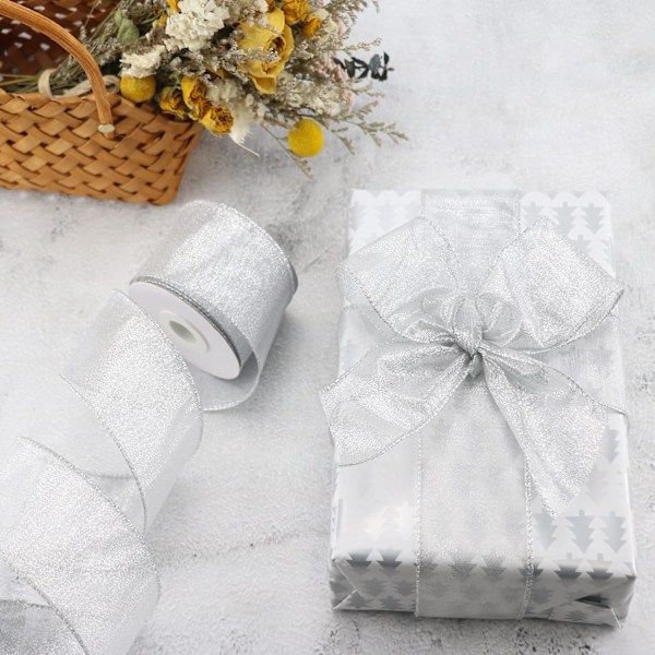 Silver Wired Ribbon 2-1/2 tum Silver Julband med Wired Edge Silver