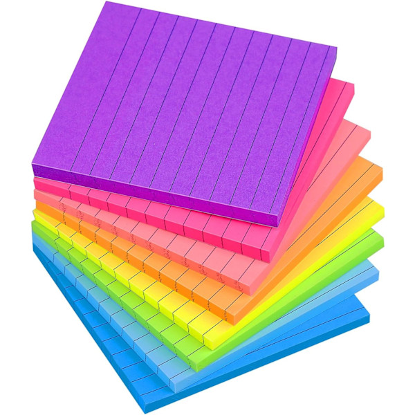 Lined Sticky Notes - 8 Pack, 4x4 Inches, Bright Colors