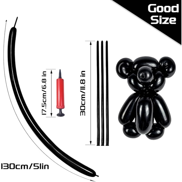 150 stk lange ballonger med pumpe, svart 260 ballonger Animal Kit Premium