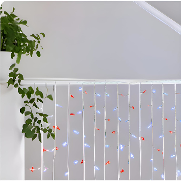 Rød, hvid og blå istaplys 11,5 fod, kommerciel kvalitet 100 LED gardin dekorativ lyskæde, til indendørs og udendørs vinduer, rød hvid
