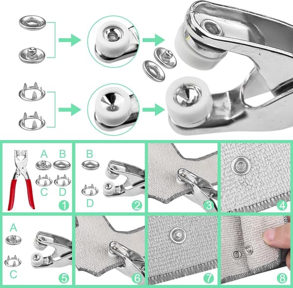 Sæt med 200 trykknapper 9,5 mm, sølv, metal trykknapper, rustfrit stål, trykknapper med trykknaptang, til håndarbejde, tøj,