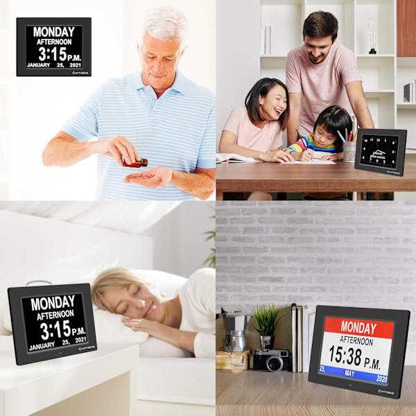 Digital kalenderlarm dagklocka, 8\" dagklocka kalender stor skärmdisplay, med 13 larmalternativ snooze-funktion för äldre, visuell röd,