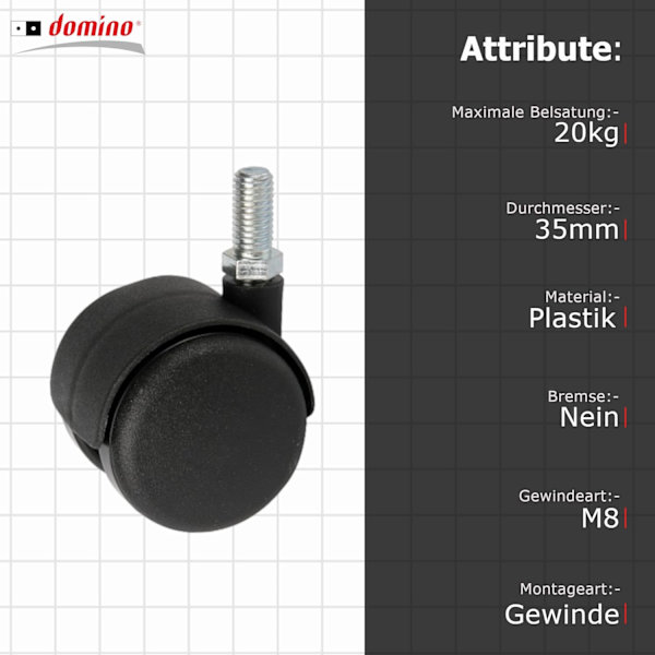 Møbelhjul - Diameter: 35 mm/20 kg - M8 gevind - Til møbler, kontorstol, ekstra seng, kontorstol, skammel, stol hjul -