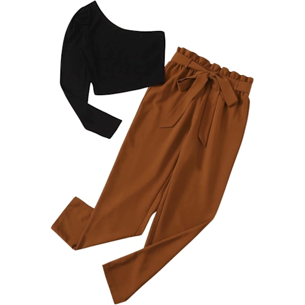Kvinnors 2-delade outfits En axel långärmad crop top och bältade byxor
