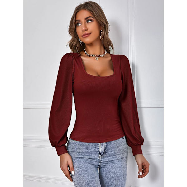 Kvinde firkantet hals biskop langærmet t-shirt slank elegant t-shirt casual top
