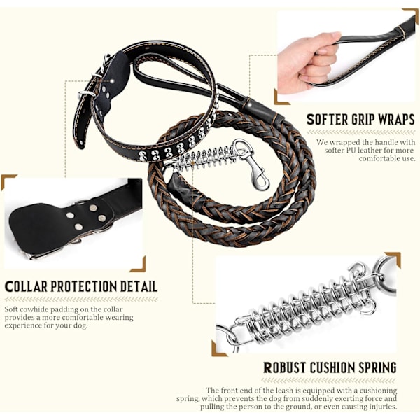 4FT Läderkoppel och Halsband Set för Hund, Full Grain Läder Halsband och Starkt Handvävt Flätat Koppel, Robust Hundträningskoppel för Promenader