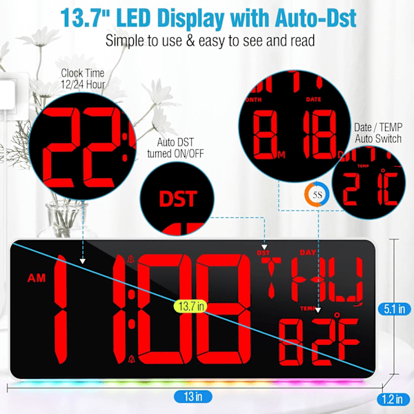 Stor digital väggklocka med fjärrkontroll, LED-väggklocka med 9-färgad nattlampa, digital väggklocka med stor display, dubbel alarm, digital röd