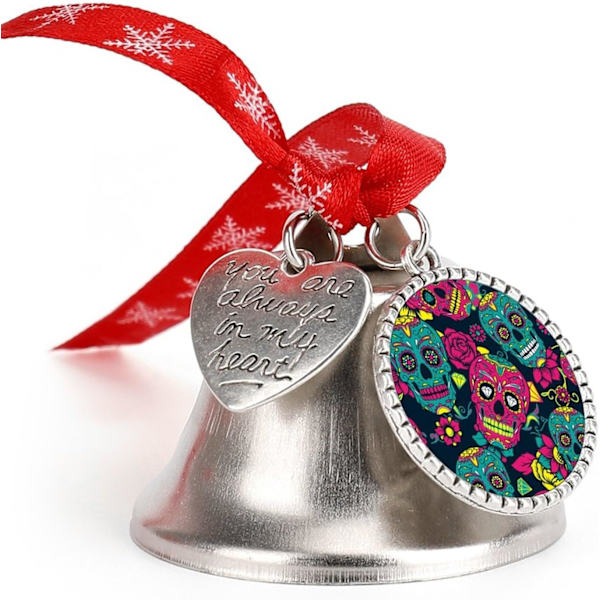 Sockerdödskalle på de dödas dag Silver Bell Ornament Julgransbjäller med rött snöre Metall Xmas Hängande dekorationer för semesterfest