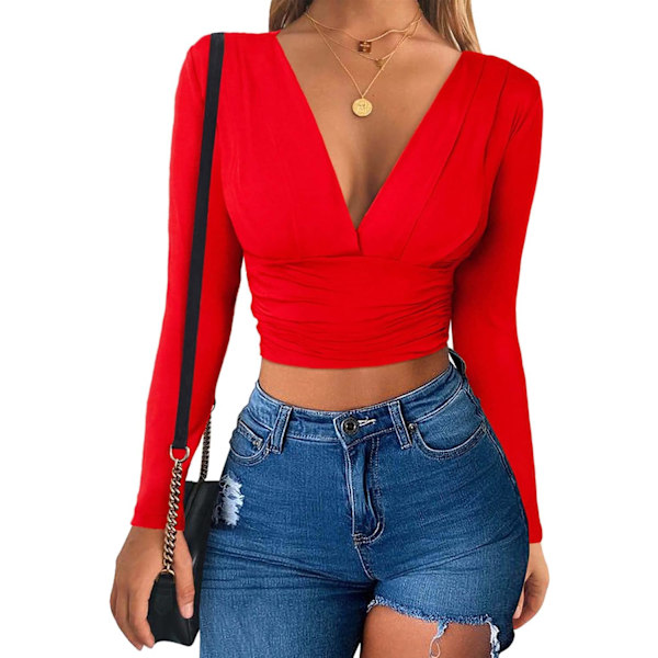 Kvinde Dyb V-hals Langærmet Rynket Unik Sexet Slim Fit Crop Top Tee T-shirt