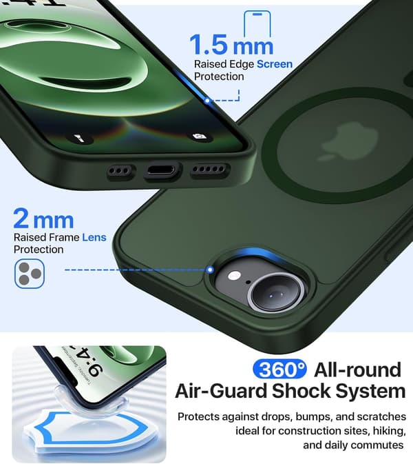 Støtsikkert magnetisk deksel til iPhone 16e (2025) - MagSafe-kompatibelt, militærgrad, matt bakside