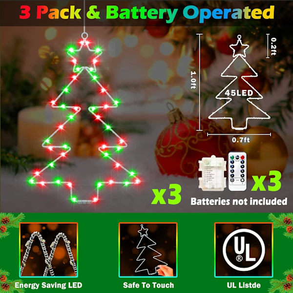 Jule Vindue Lys 3 Pakke Batteridrevet LED Træ Lys 8 Tilstande Timer