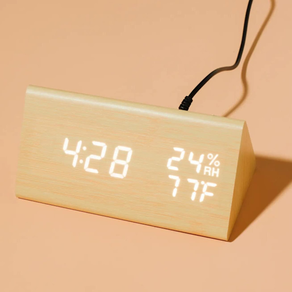 Träväckarklocka, Träväckarklocka Smart LED Digitalklocka för Sovrum/Skrivbord, Uppgraderad med Tid Temperatur, Justerbar Ljusstyrka och Röst
