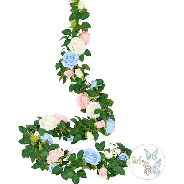 3 stk. 6,15 m blomsterguirlande med 3D-sommerfugl, kunstige rosenranker