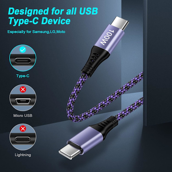 USB Type C-kabel, [3-pak/6 fod] 100W 5A Supersnabbladdning