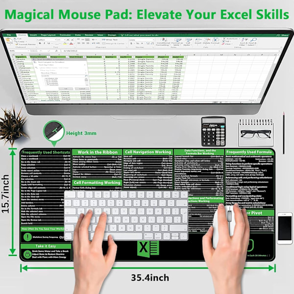 Excel-snarveier musematte, oppradert Pro-versjon, utvidet kontorbordmatte, sydde kanter, sklisikre bunnmatte for tastatur, XXL gigantiske musematter for